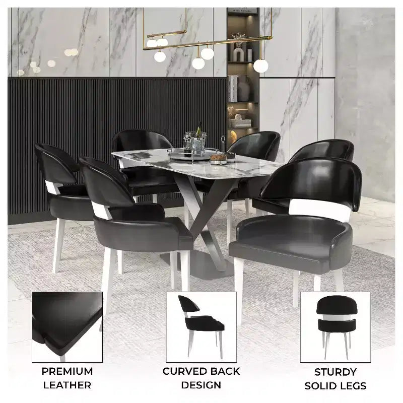 LeisureMod Ethos Modern Dining Chairs Set of 2 Leather Seats with Curved Back and Black Iron Legs, Seating for Kitchen, Dining Room, Cafe