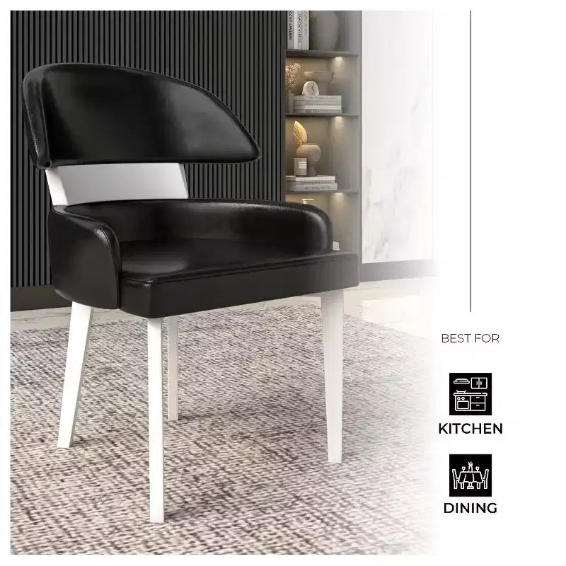LeisureMod Ethos Modern Dining Chairs Set of 2 Leather Seats with Curved Back and Black Iron Legs, Seating for Kitchen, Dining Room, Cafe