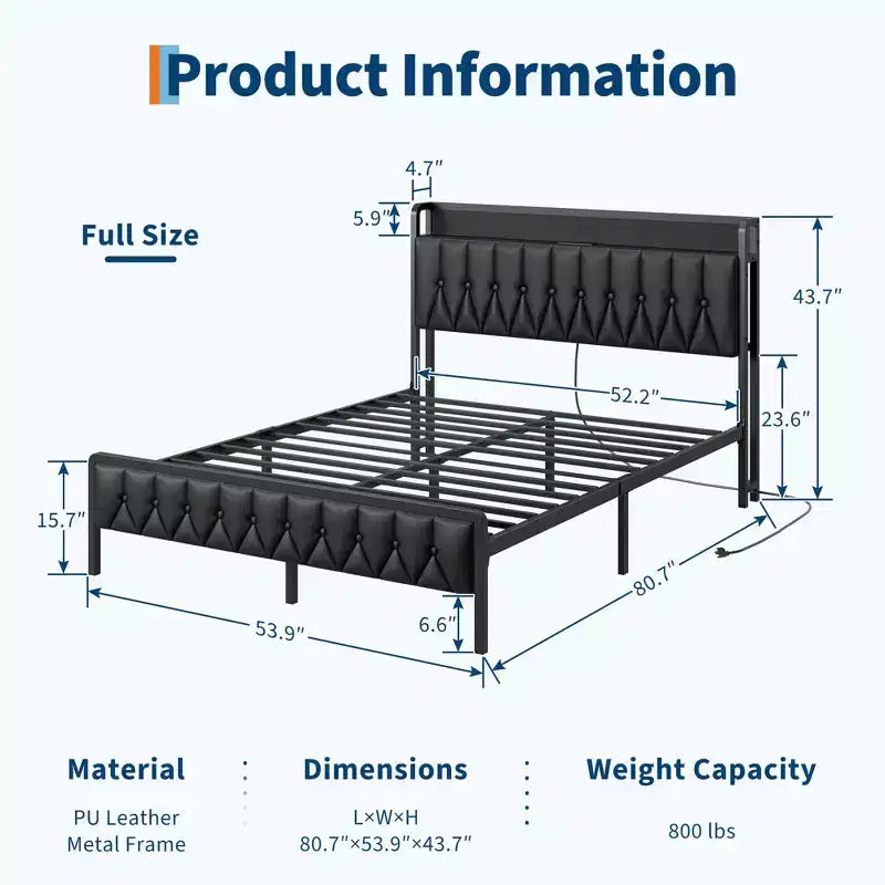 Full Size Bed Frame with PU Faux Leather, Button Headboard with Charging Station, All-Metal Full Platform Bed Frame with Storage, Black
