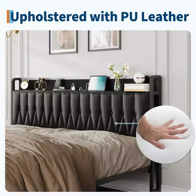 Full Size Bed Frame with PU Faux Leather, Button Headboard with Charging Station, All-Metal Full Platform Bed Frame with Storage, Black