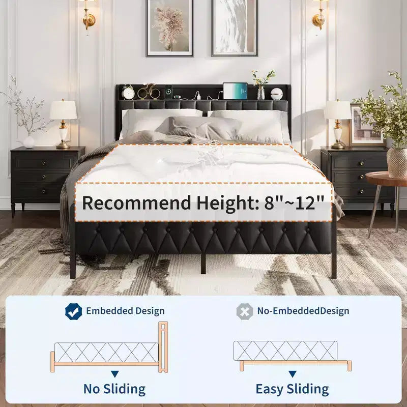 Full Size Bed Frame with PU Faux Leather, Button Headboard with Charging Station, All-Metal Full Platform Bed Frame with Storage, Black