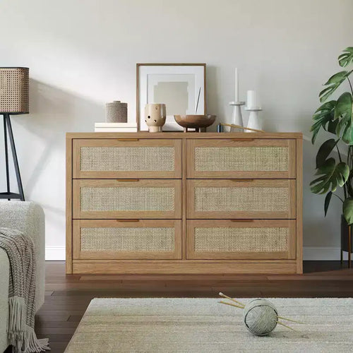 GustoWave 6 Drawer Dresser for Bedroom, 52.7 Wide Rattan Dresser, Wooden with Gold Handles, Farmhouse Tv Stand Entryway Table, Chest of Drawers