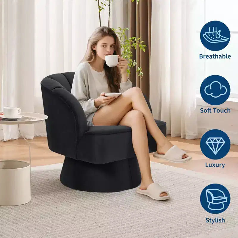 Modern Swivel Barrel Accent Chair with Striped Backrest and Plush Cushion - Upholstered Round Lounge Chair