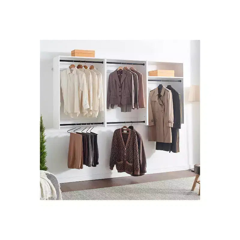 HomeStock Devi Series 31.594.5in. W Modular Closet System Wall Mount Double Hanging Rods 1-Shelf Wood Closet System