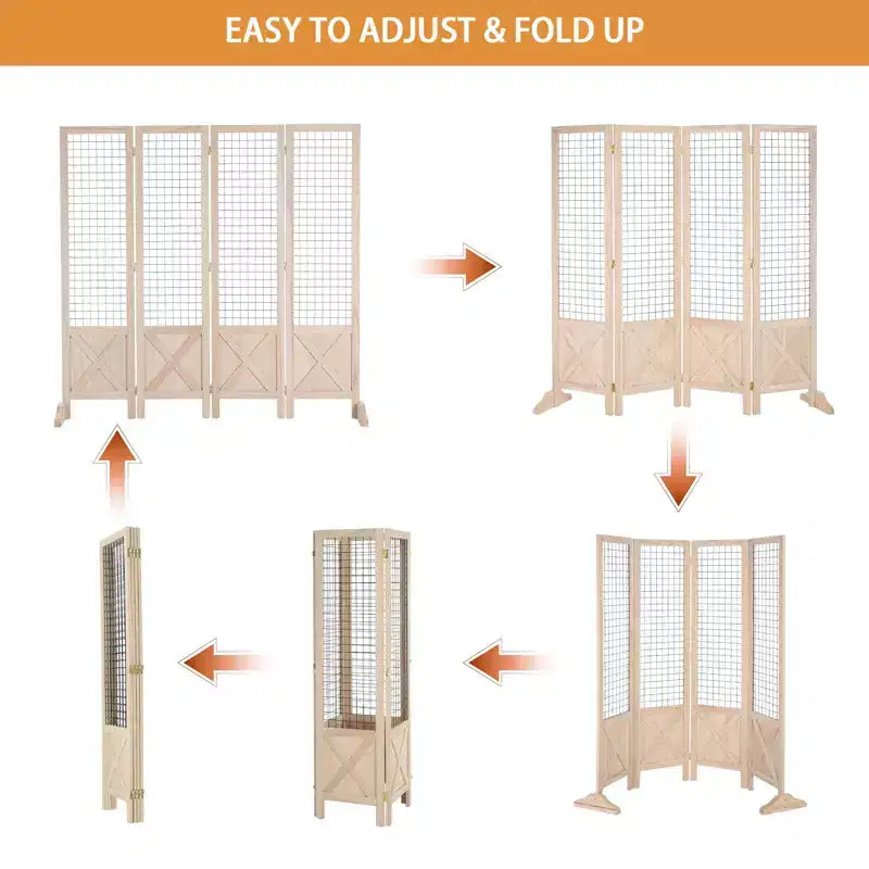 VINGLI 5.5ft Room Divider Gridwall, 4 Panel Folding Display Organizer with Base Feet, Wooden Frame Wire Grid Screens for Craft Shows Events Retail