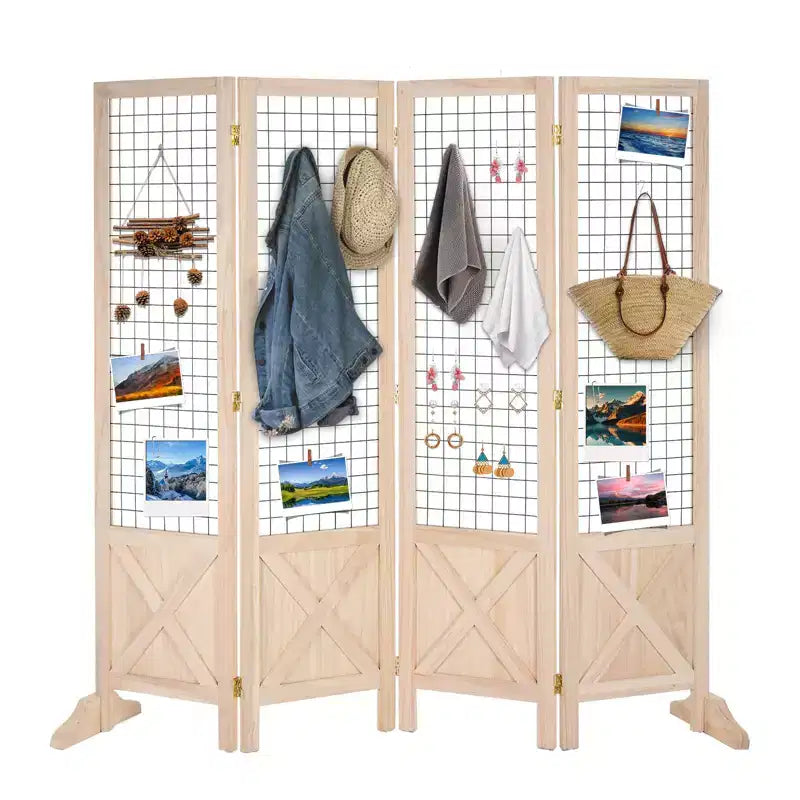 VINGLI 5.5ft Room Divider Gridwall, 4 Panel Folding Display Organizer with Base Feet, Wooden Frame Wire Grid Screens for Craft Shows Events Retail