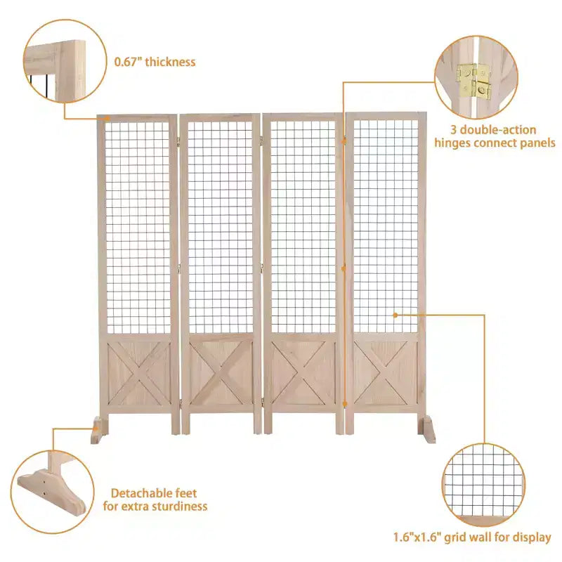 VINGLI 5.5ft Room Divider Gridwall, 4 Panel Folding Display Organizer with Base Feet, Wooden Frame Wire Grid Screens for Craft Shows Events Retail