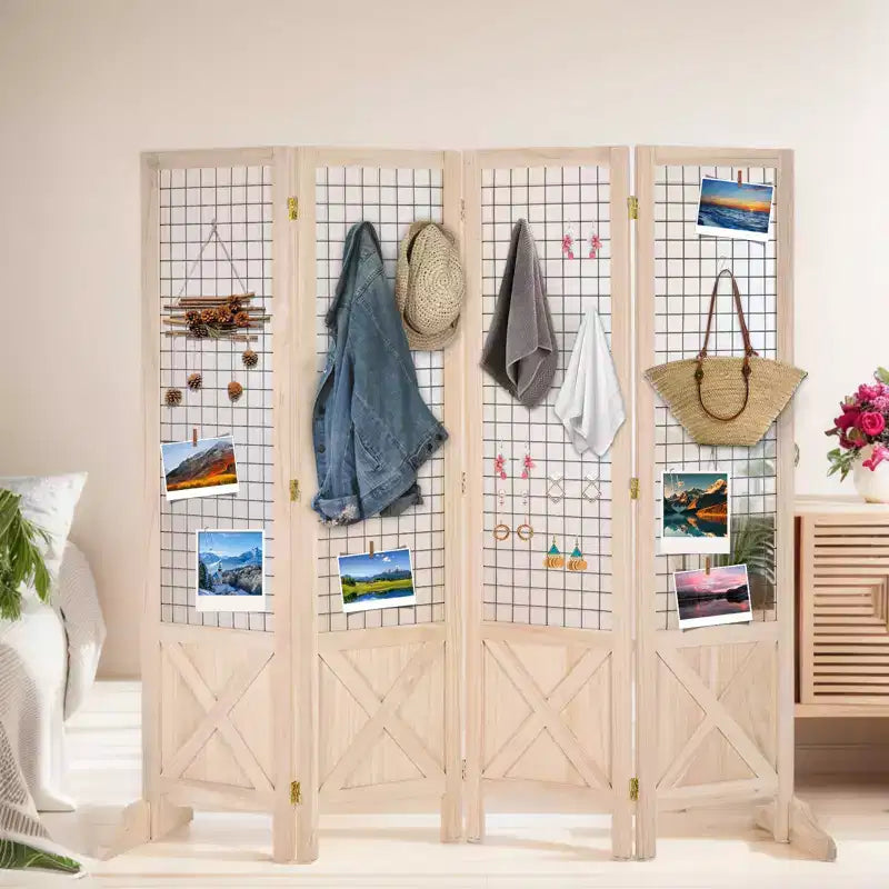 VINGLI 5.5ft Room Divider Gridwall, 4 Panel Folding Display Organizer with Base Feet, Wooden Frame Wire Grid Screens for Craft Shows Events Retail