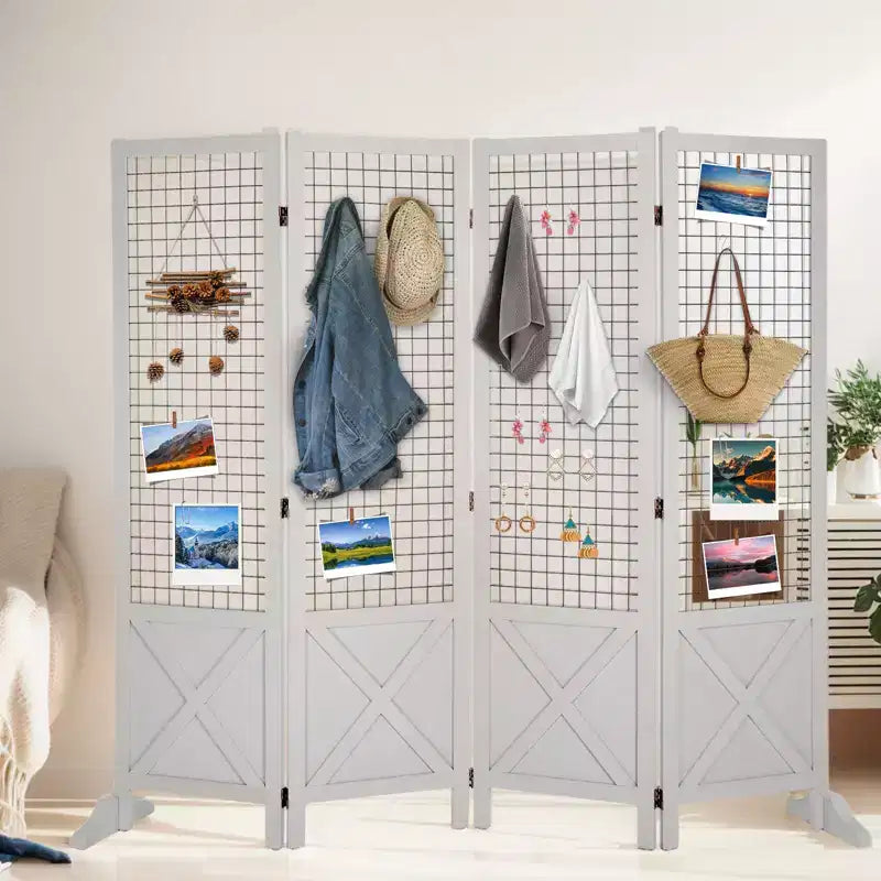 VINGLI 5.5ft Room Divider Gridwall, 4 Panel Folding Display Organizer with Base Feet, Wooden Frame Wire Grid Screens for Craft Shows Events Retail