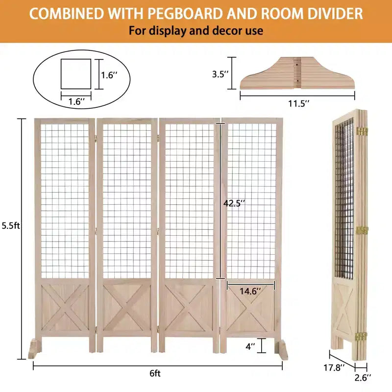 VINGLI 5.5ft Room Divider Gridwall, 4 Panel Folding Display Organizer with Base Feet, Wooden Frame Wire Grid Screens for Craft Shows Events Retail