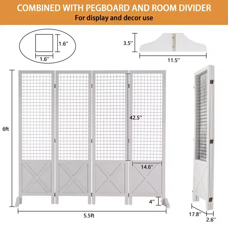 VINGLI 5.5ft Room Divider Gridwall, 4 Panel Folding Display Organizer with Base Feet, Wooden Frame Wire Grid Screens for Craft Shows Events Retail