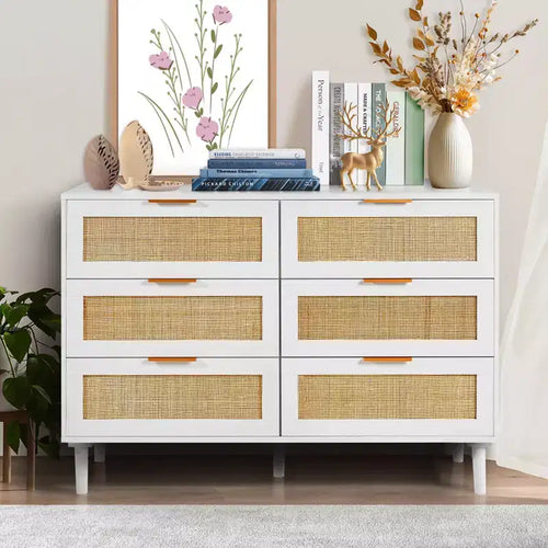 VEVOR 6 Drawer Rattan Dresser, Boho Dresser, Rattan Chest of Drawers with Spacious Storage, Natural Rattan Dresser, White