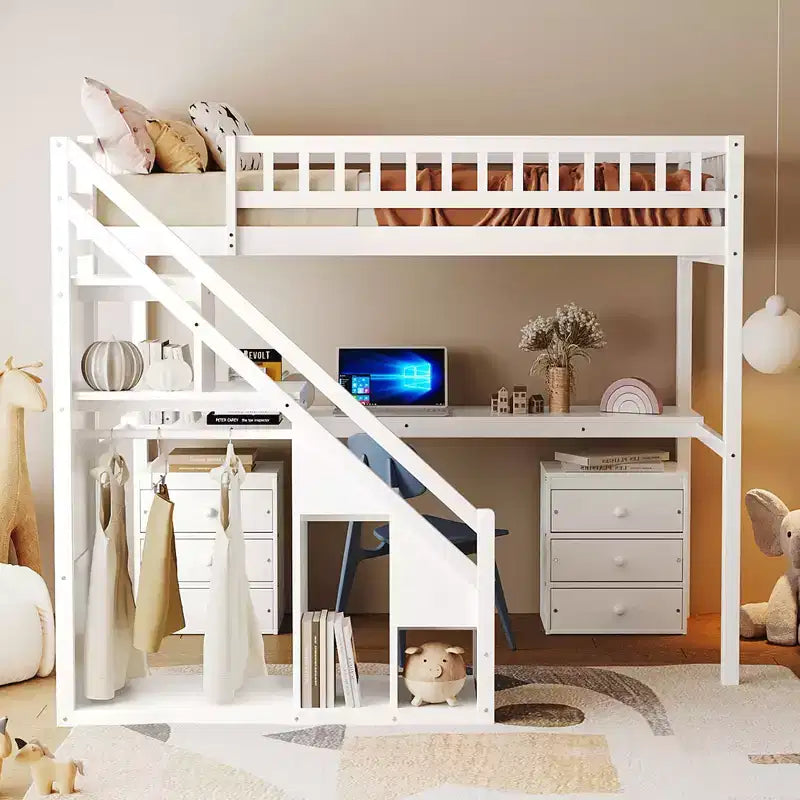 Twin/Full Loft Bed with Desk, LED Light Strip & Two Chest of Drawers - ModernLuxe