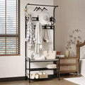 4-in-1 Hall Tree Shoe Bench, Entryway Storage Bench with 8 Sturdy Hooks, Freestanding Coat Rack for Small Spaces, Apartments, Bedroom