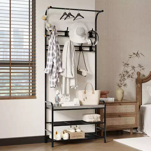 4-in-1 Hall Tree Shoe Bench, Entryway Storage Bench with 8 Sturdy Hooks, Freestanding Coat Rack for Small Spaces, Apartments, Bedroom