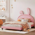 Full Size Upholstered Leather Platform Bed with Ears Headboard Bed Frame with Rabbit Ornament for Kids Pink