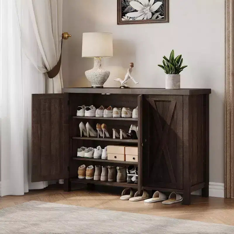 Coolmee 4-Tier Shoe Cabinet with Doors, Farmhouse 35'' Shoe Storage Cabinet for Entryway, Large Shoe Organizer Cabinet for Living Room Hallway