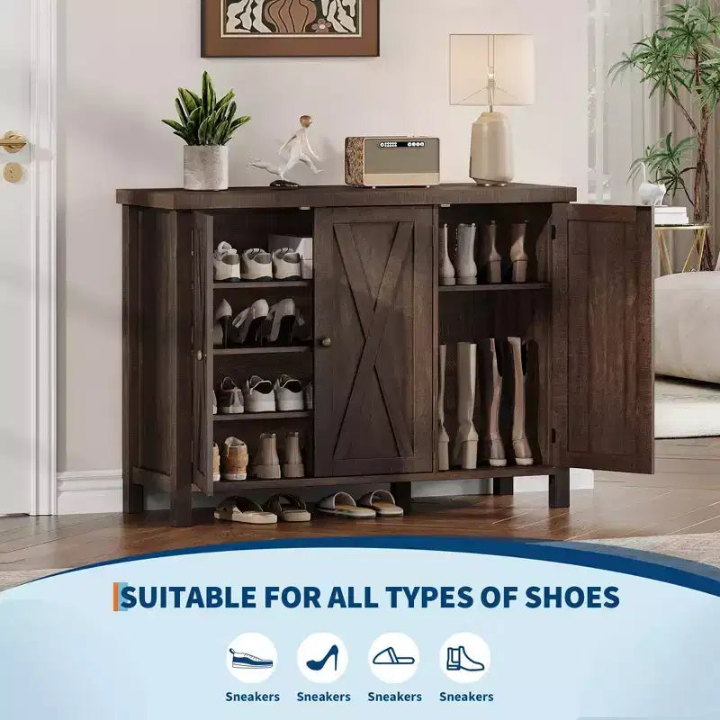 Coolmee 4-Tier Shoe Cabinet with Doors, Farmhouse 35'' Shoe Storage Cabinet for Entryway, Large Shoe Organizer Cabinet for Living Room Hallway