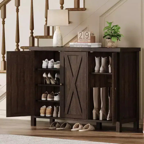 Coolmee 4-Tier Shoe Cabinet with Doors, Farmhouse 35'' Shoe Storage Cabinet for Entryway, Large Shoe Organizer Cabinet for Living Room Hallway