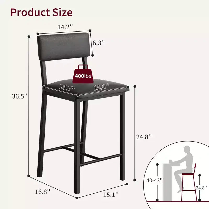 PU Leather Counter Height Bar Stools Set of 2 Backrest, Footrest, Thick Cushion Black for Dining Room, Kitchen Island, Apartment Bar