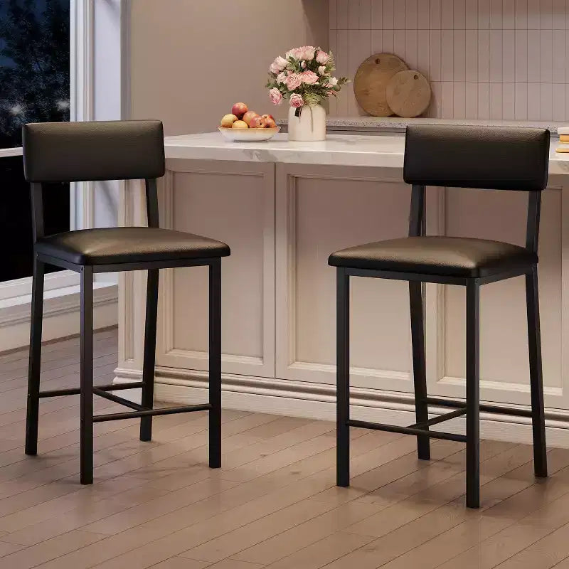 PU Leather Counter Height Bar Stools Set of 2 Backrest, Footrest, Thick Cushion Black for Dining Room, Kitchen Island, Apartment Bar