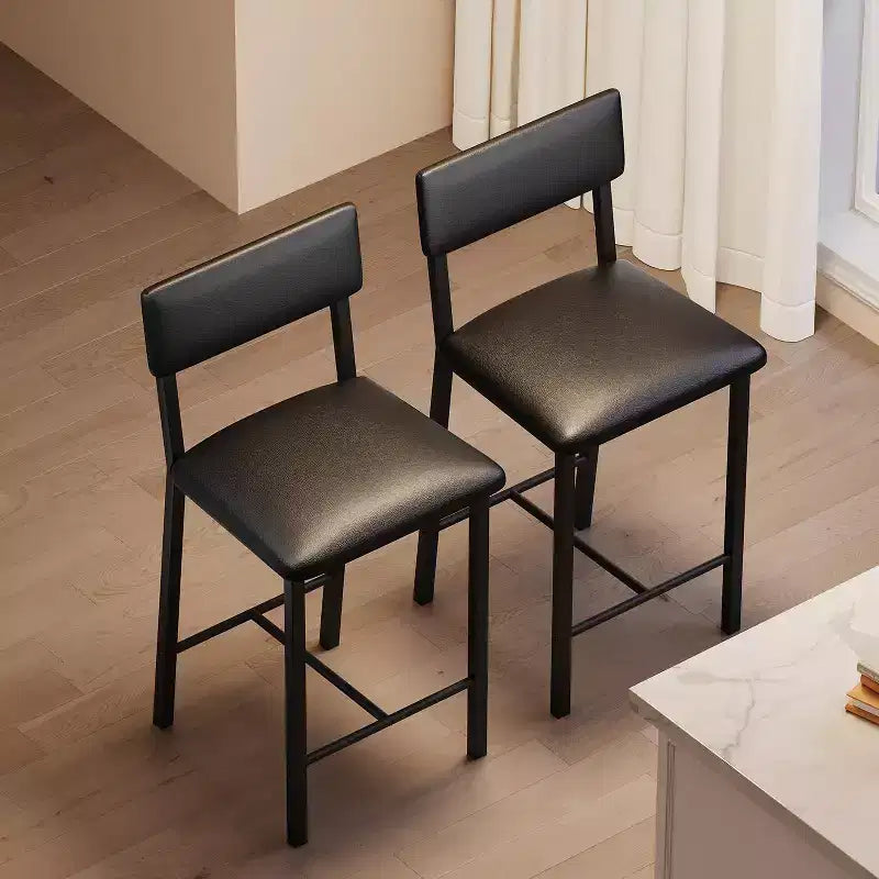 PU Leather Counter Height Bar Stools Set of 2 Backrest, Footrest, Thick Cushion Black for Dining Room, Kitchen Island, Apartment Bar