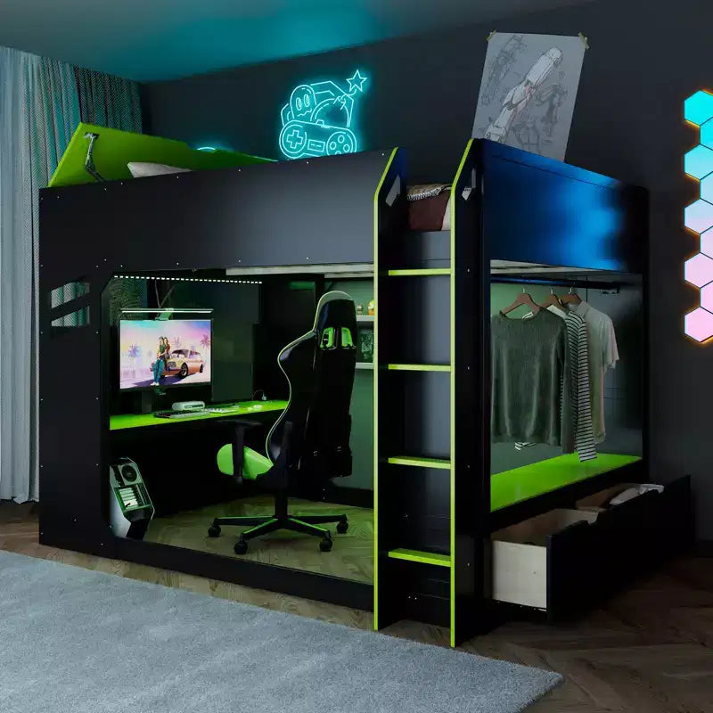 GDFStudio Davis Wood Loft Bed with Height-adjustable Desk, Hanging Rod and RGB Lights, Full Size