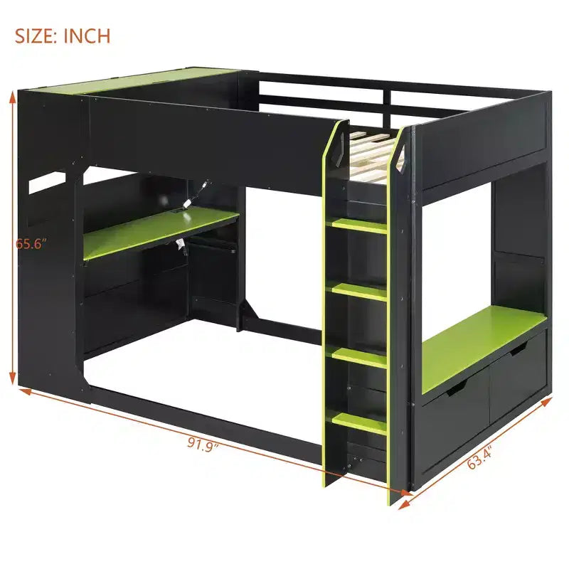 GDFStudio Davis Wood Loft Bed with Height-adjustable Desk, Hanging Rod and RGB Lights, Full Size