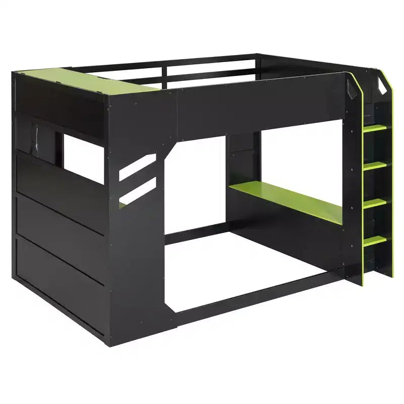 GDFStudio Davis Wood Loft Bed with Height-adjustable Desk, Hanging Rod and RGB Lights, Full Size
