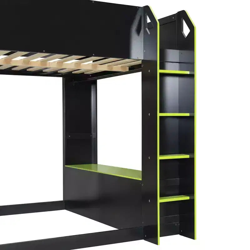 GDFStudio Davis Wood Loft Bed with Height-adjustable Desk, Hanging Rod and RGB Lights, Full Size