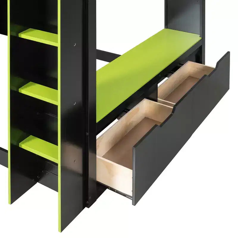 GDFStudio Davis Wood Loft Bed with Height-adjustable Desk, Hanging Rod and RGB Lights, Full Size