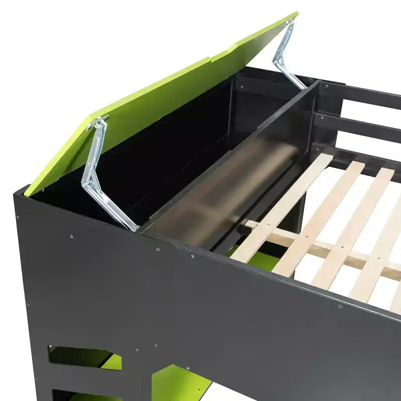 GDFStudio Davis Wood Loft Bed with Height-adjustable Desk, Hanging Rod and RGB Lights, Full Size