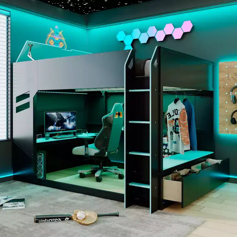GDFStudio Davis Wood Loft Bed with Height-adjustable Desk, Hanging Rod and RGB Lights, Full Size