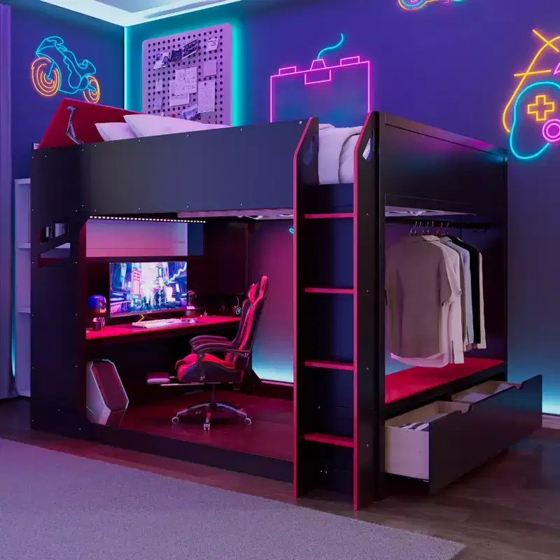 GDFStudio Davis Wood Loft Bed with Height-adjustable Desk, Hanging Rod and RGB Lights, Full Size