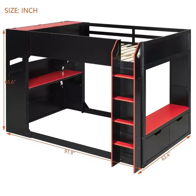 GDFStudio Davis Wood Loft Bed with Height-adjustable Desk, Hanging Rod and RGB Lights, Full Size