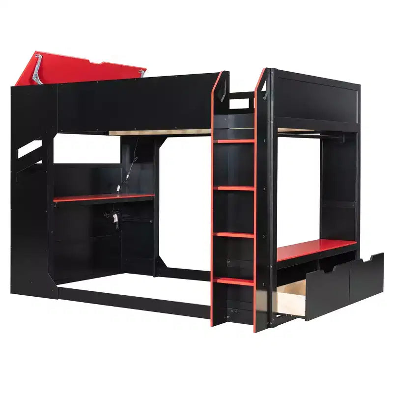 GDFStudio Davis Wood Loft Bed with Height-adjustable Desk, Hanging Rod and RGB Lights, Full Size