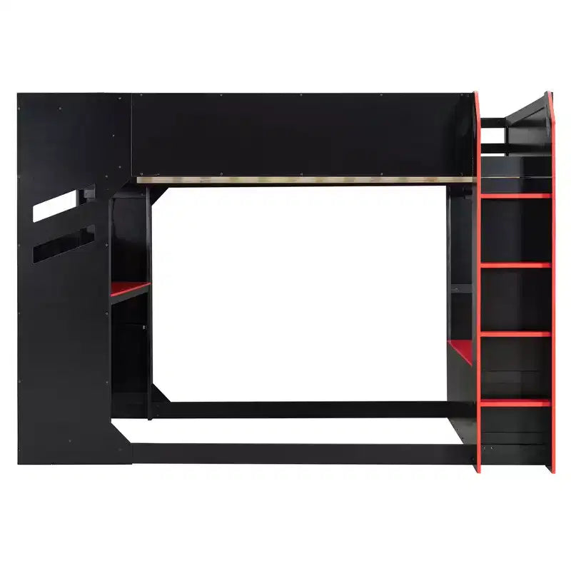GDFStudio Davis Wood Loft Bed with Height-adjustable Desk, Hanging Rod and RGB Lights, Full Size