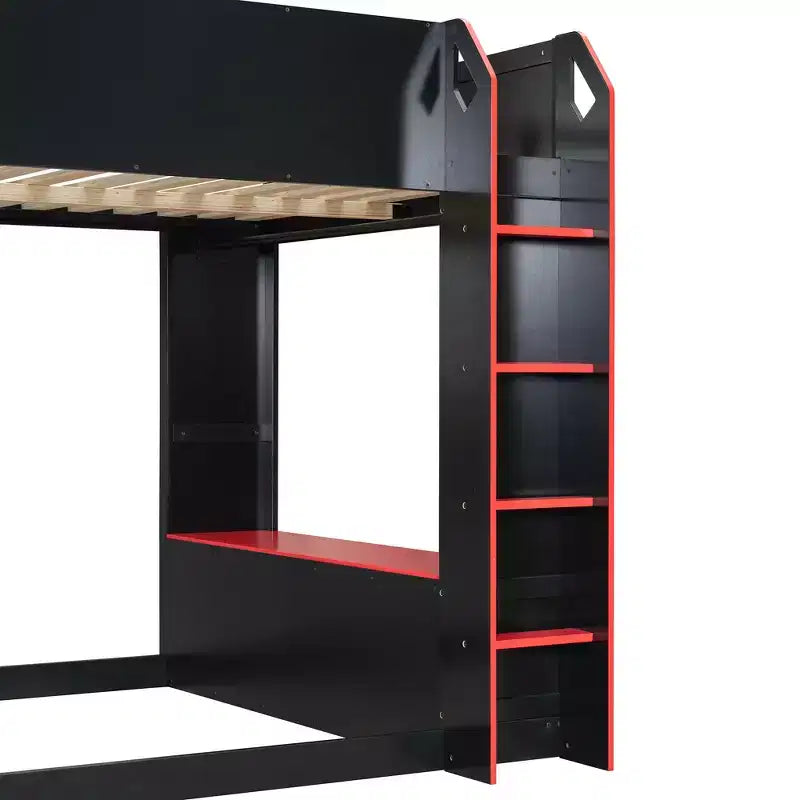 GDFStudio Davis Wood Loft Bed with Height-adjustable Desk, Hanging Rod and RGB Lights, Full Size