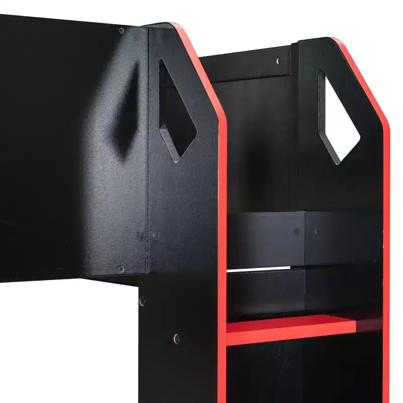 GDFStudio Davis Wood Loft Bed with Height-adjustable Desk, Hanging Rod and RGB Lights, Full Size