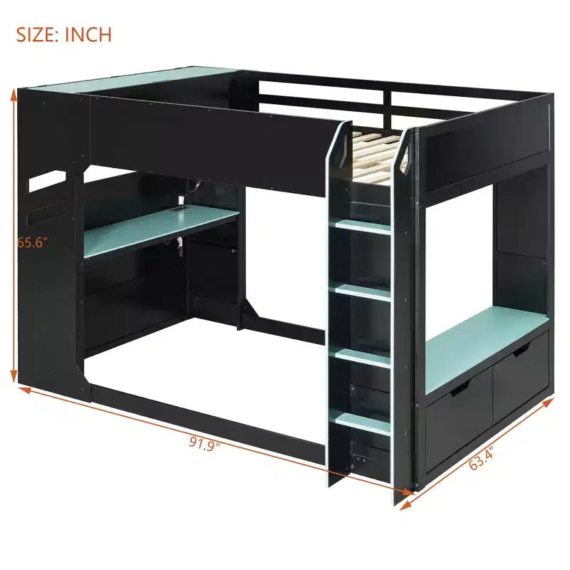 GDFStudio Davis Wood Loft Bed with Height-adjustable Desk, Hanging Rod and RGB Lights, Full Size