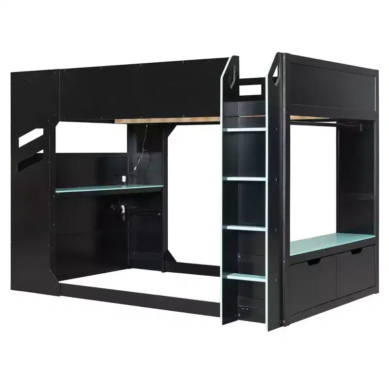GDFStudio Davis Wood Loft Bed with Height-adjustable Desk, Hanging Rod and RGB Lights, Full Size