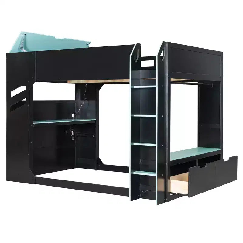 GDFStudio Davis Wood Loft Bed with Height-adjustable Desk, Hanging Rod and RGB Lights, Full Size