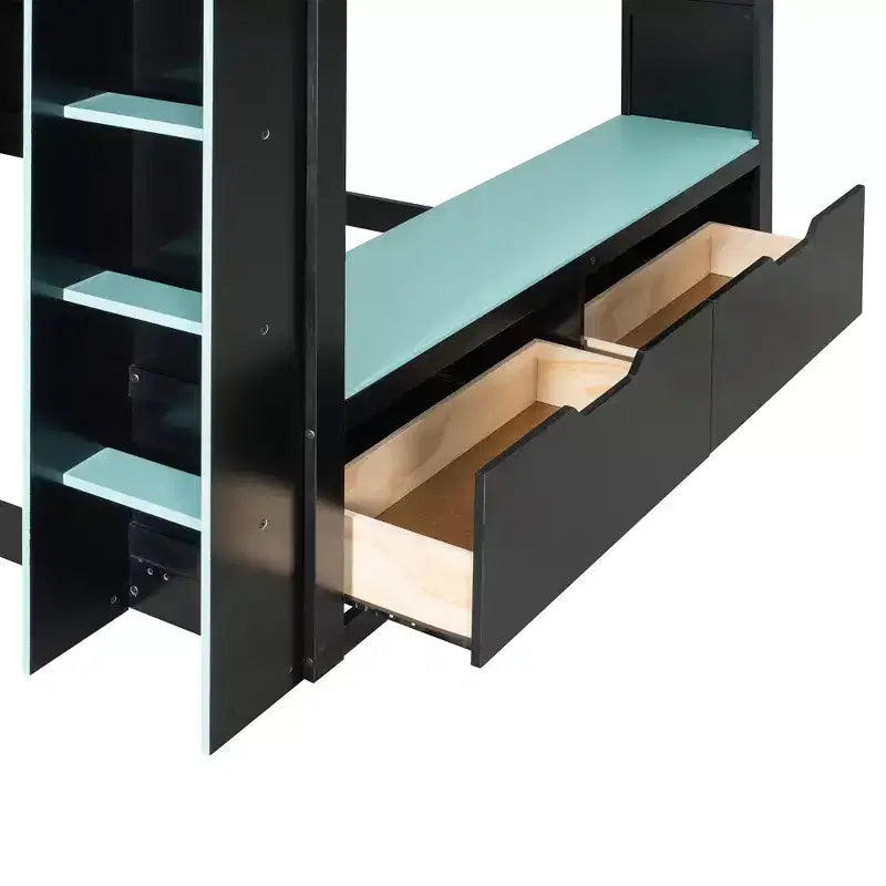GDFStudio Davis Wood Loft Bed with Height-adjustable Desk, Hanging Rod and RGB Lights, Full Size