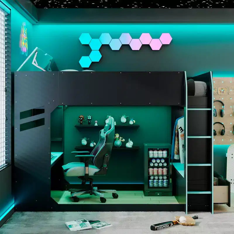 GDFStudio Davis Wood Loft Bed with Height-adjustable Desk, Hanging Rod and RGB Lights, Full Size