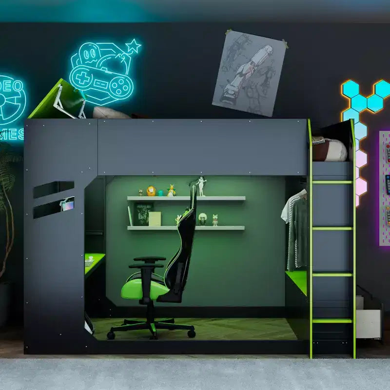GDFStudio Davis Wood Loft Bed with Height-adjustable Desk, Hanging Rod and RGB Lights, Full Size