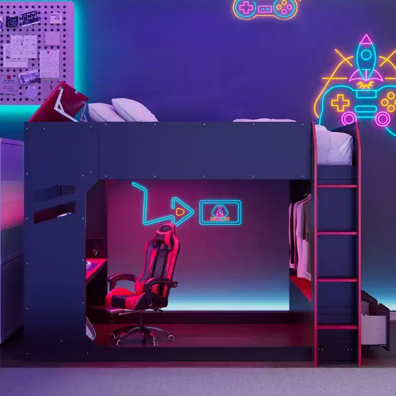 GDFStudio Davis Wood Loft Bed with Height-adjustable Desk, Hanging Rod and RGB Lights, Full Size