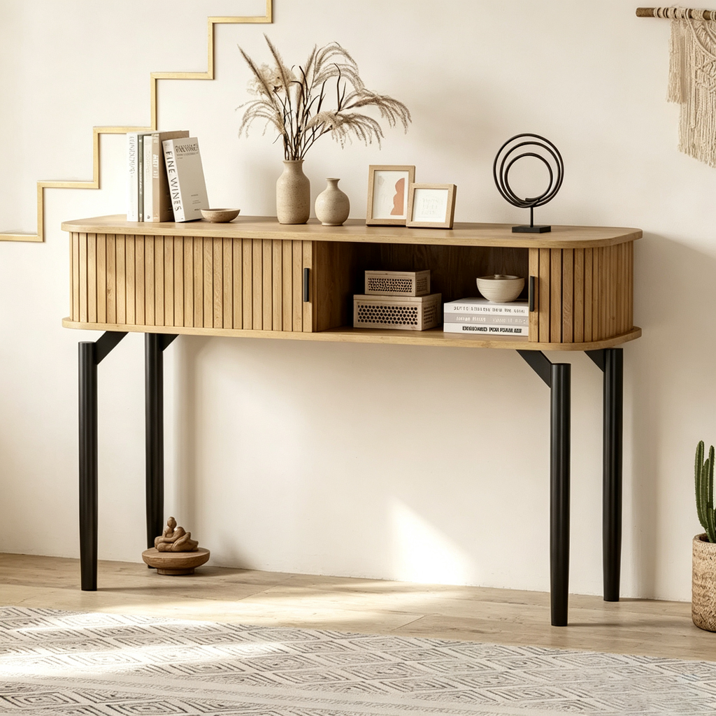 Console avec 2 tiroirs et rangement ouvert, Table d'entrée étroite